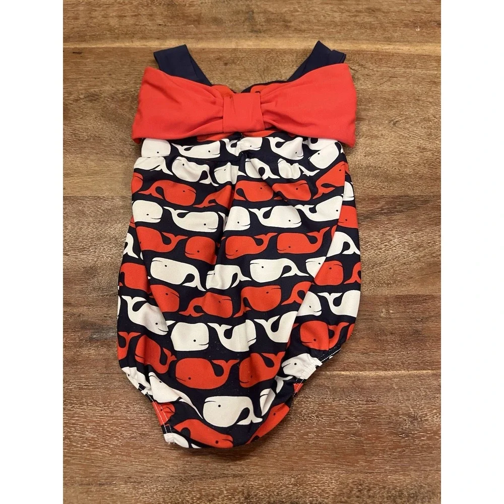 Mudpie Toddler Girls Whale Bow One Piece Swimsuit Red White Blue Size 9-12 Month